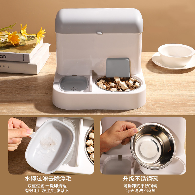 Double automatic water storage and food storage bowl for cats, integrated dog bowl, large-capacity cat drinking bowl, stainless steel pet supplies details Picture
