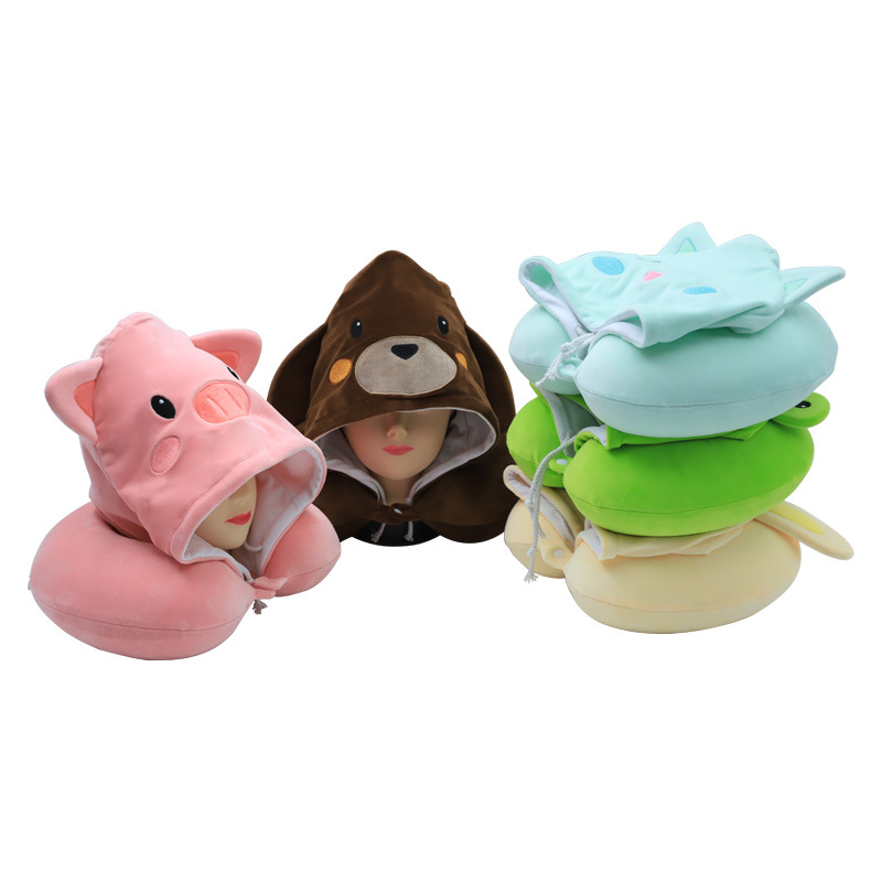 Cute cartoon hooded memory foam U-shaped pillow, Kang Le House hooded travel neck pillow, slow rebound neck protection pillow custom-made pic 4
