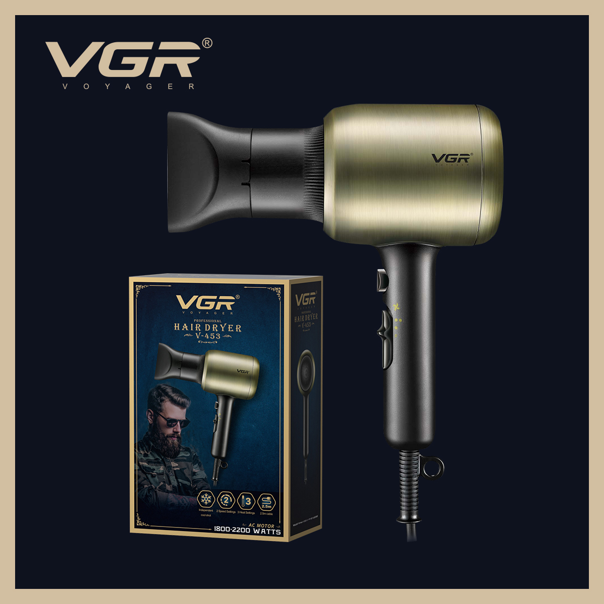 VGR453 Cross-border New Product High-power Hair Dryer, hair salon, household quick-drying, cold and hot air, retro hair dryer