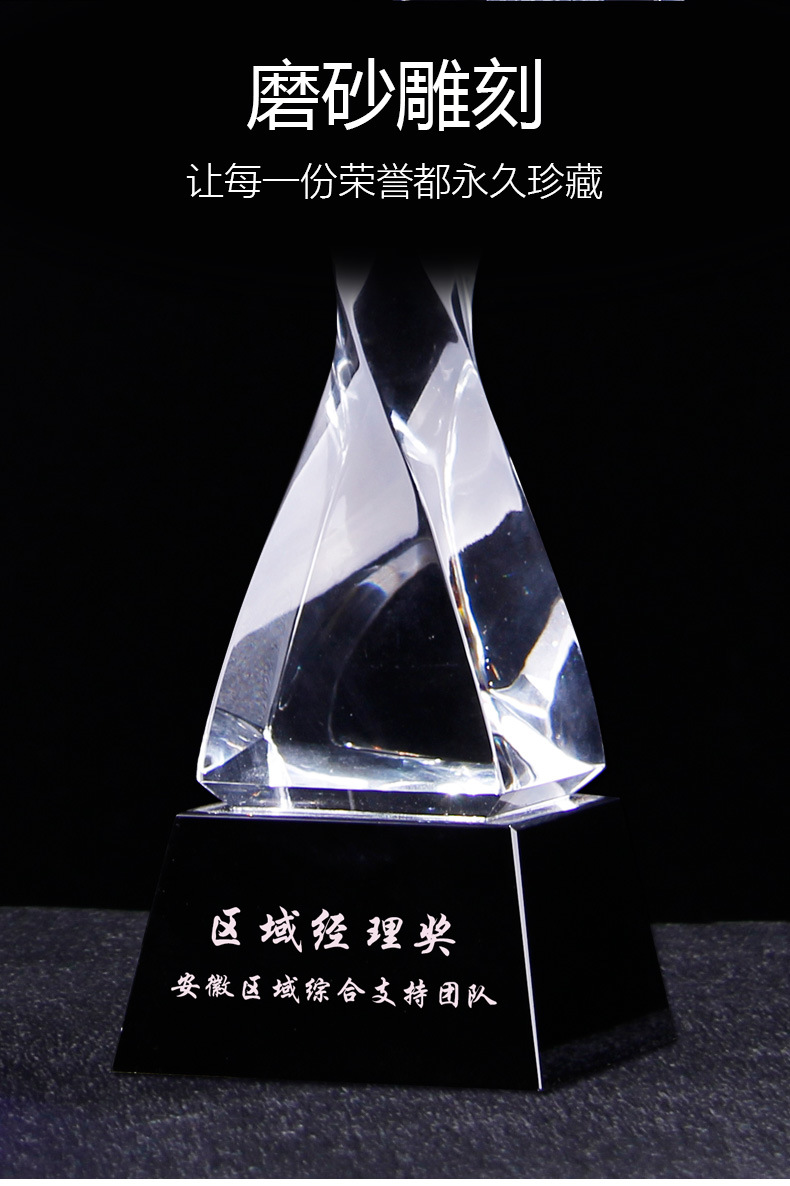 小嘟嘟XDHX-625239296079水晶奖杯蓝色扭柱销售冠军优秀员工年会颁奖玻璃奖杯工艺品刻字详情10