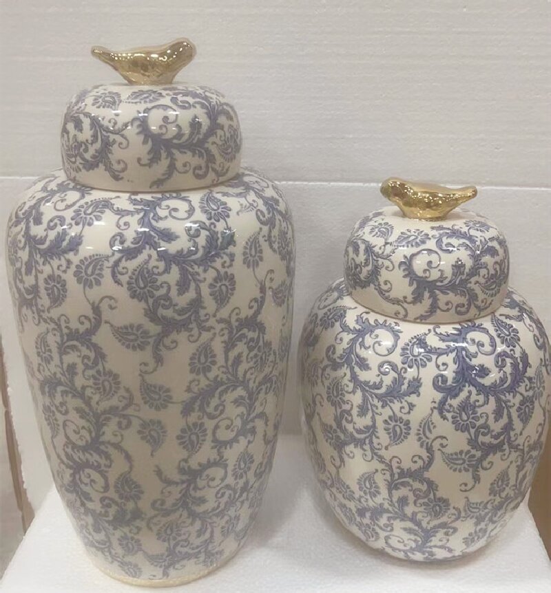 青花瓷花瓶摆件客厅插花中式国风陶瓷美式装饰复古玄关瓷器高级感