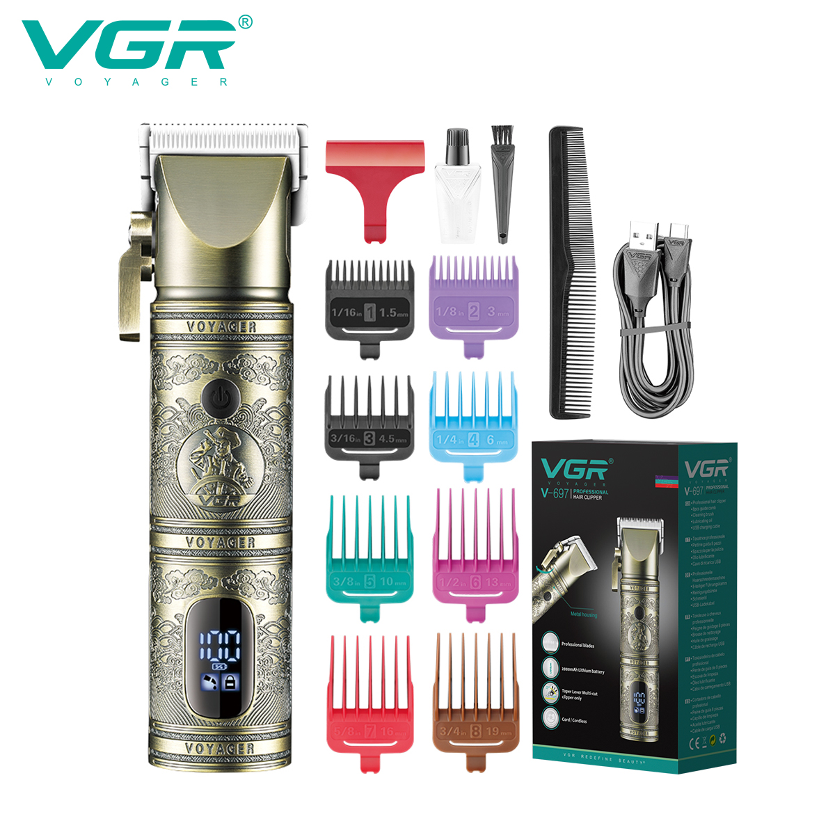 Wholesale VGR697 hair clipper electric hair trimmer Household electric hair trimmer LCD digital display engraved hair clipper