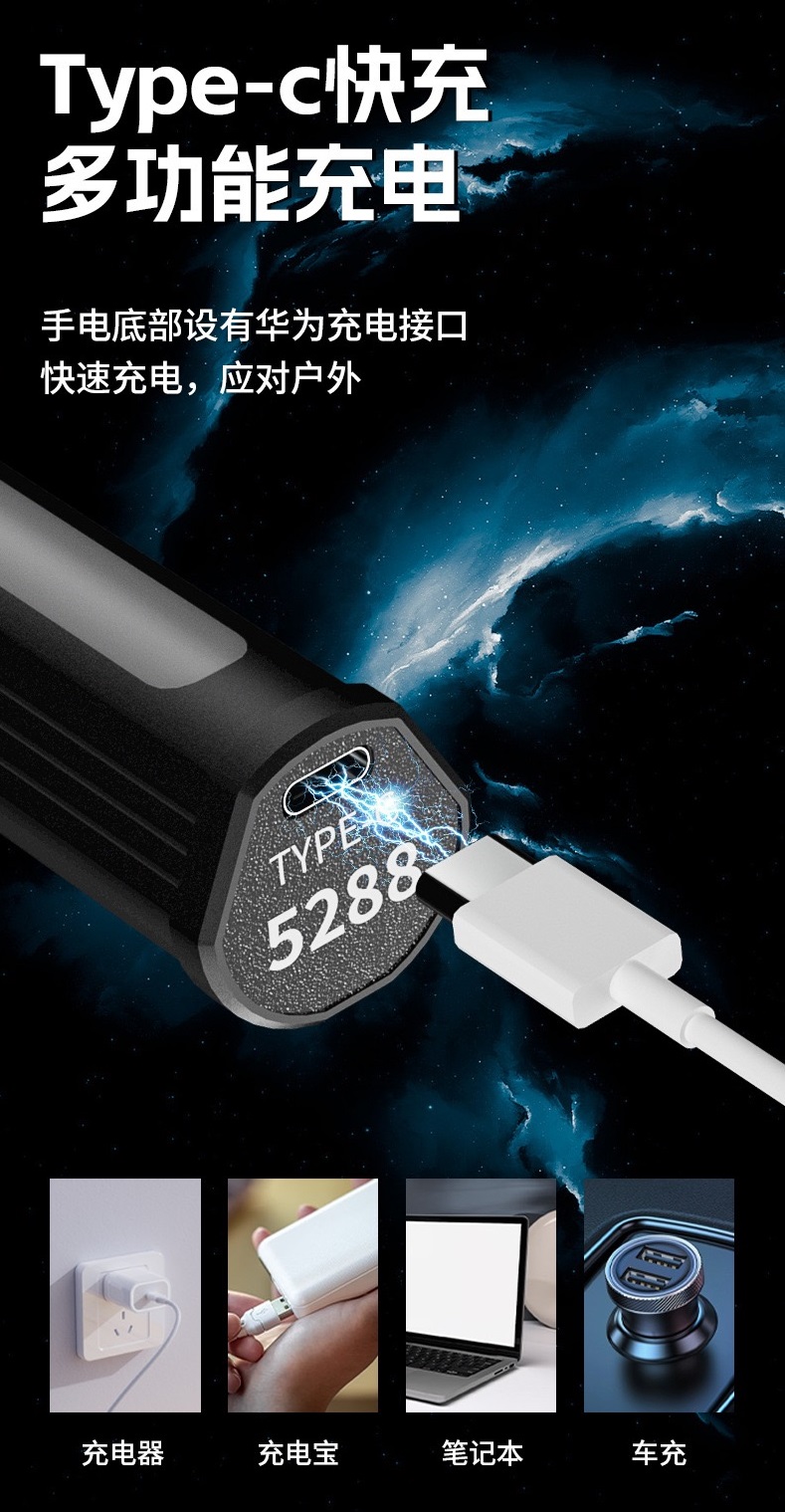 户外便携式手电筒铝合金手电筒防水探照灯超亮工作灯家用LED应急灯钓鱼照明灯户外探险夜跑手电筒5288手电筒5988手电筒详情3