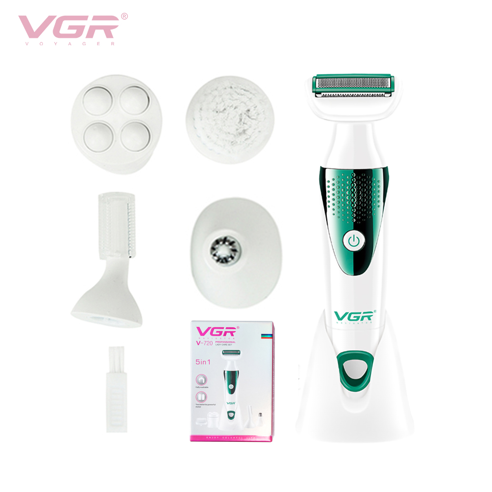 VGR720便携5合1多功能女士剃毛器美容仪修眉刀洗脸按摩剃鼻毛干电池式含底座全身水洗