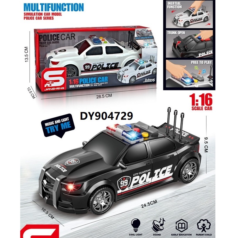 The 1:16 inertial police car can be driven. Its trunk is equipped with lights and music. It is a children's inertial car with toys and fun small items for children. It is durable, drop-resistant and safe