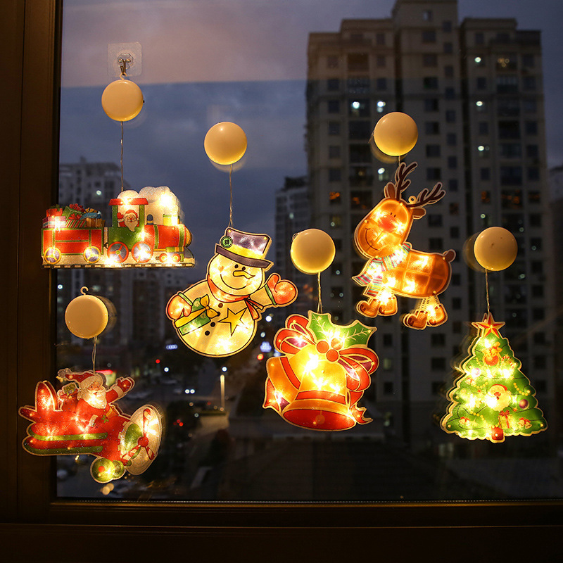LED圣诞吸盘彩灯室内橱窗装饰雪人麋鹿铃铛电池盒挂件圣诞造型灯图