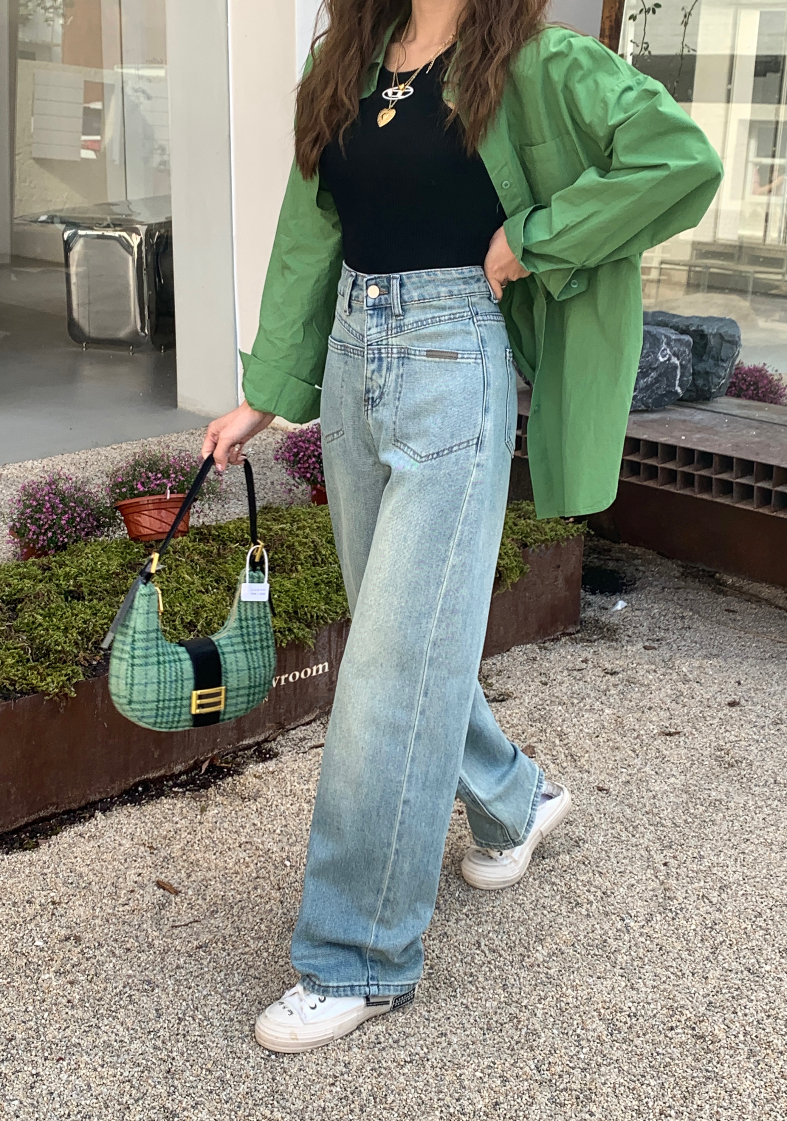 New Spring Jeans Women's High-Waisted Baggy Retro Blue Wide-Leg Pants Draping Straight Leg Jeans Specification drawing
