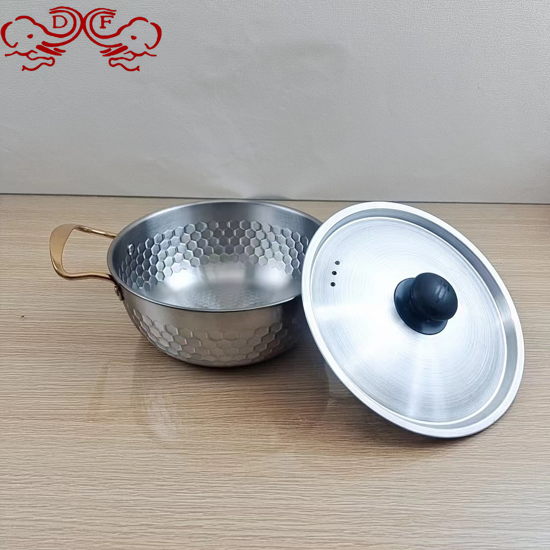 DF99267 Stainless steel ramen pot, Korean hammer-patterned soup pot with lid, golden special pot, DF TRADINGHOUSE Item Picture