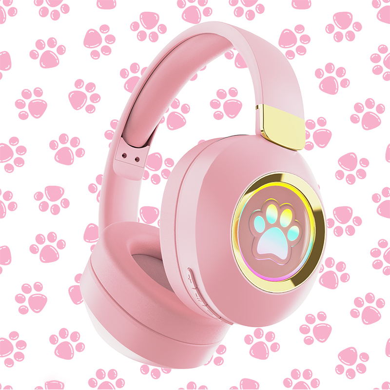 Cross-border new wireless Bluetooth headset colorful light cartoon cute cat paw footprints student game headset