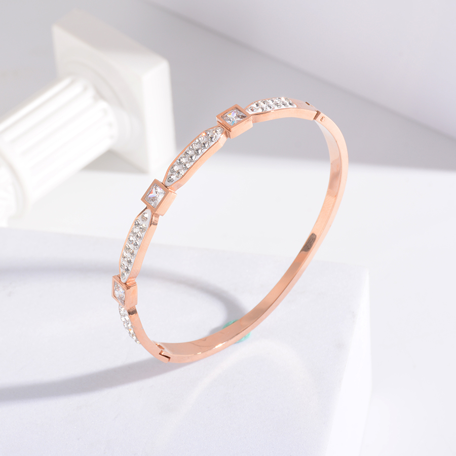 欧美日韩个性时尚方钻白钻手镯钛钢玫瑰金手环饰品礼物女
