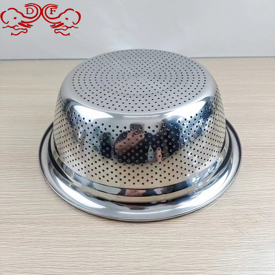 DF99415 thickened stainless steel rice sieve drainage basin, multi-hole basket, vegetable washing basin, rice washing basin, leaky basin, round vegetable washing basin, DF TRADINGHOUSE Item Picture