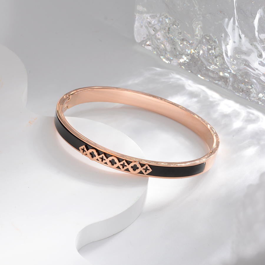 Korean-style simple and individual black stripe bracelet with hollowed-out design, titanium steel rose gold bracelet, versatile accessory, exquisite gift for women details Picture