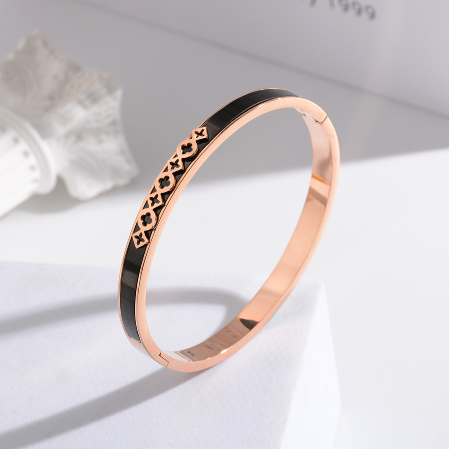 Korean-style simple and individual black stripe bracelet with hollowed-out design, titanium steel rose gold bracelet, versatile accessory, exquisite gift for women