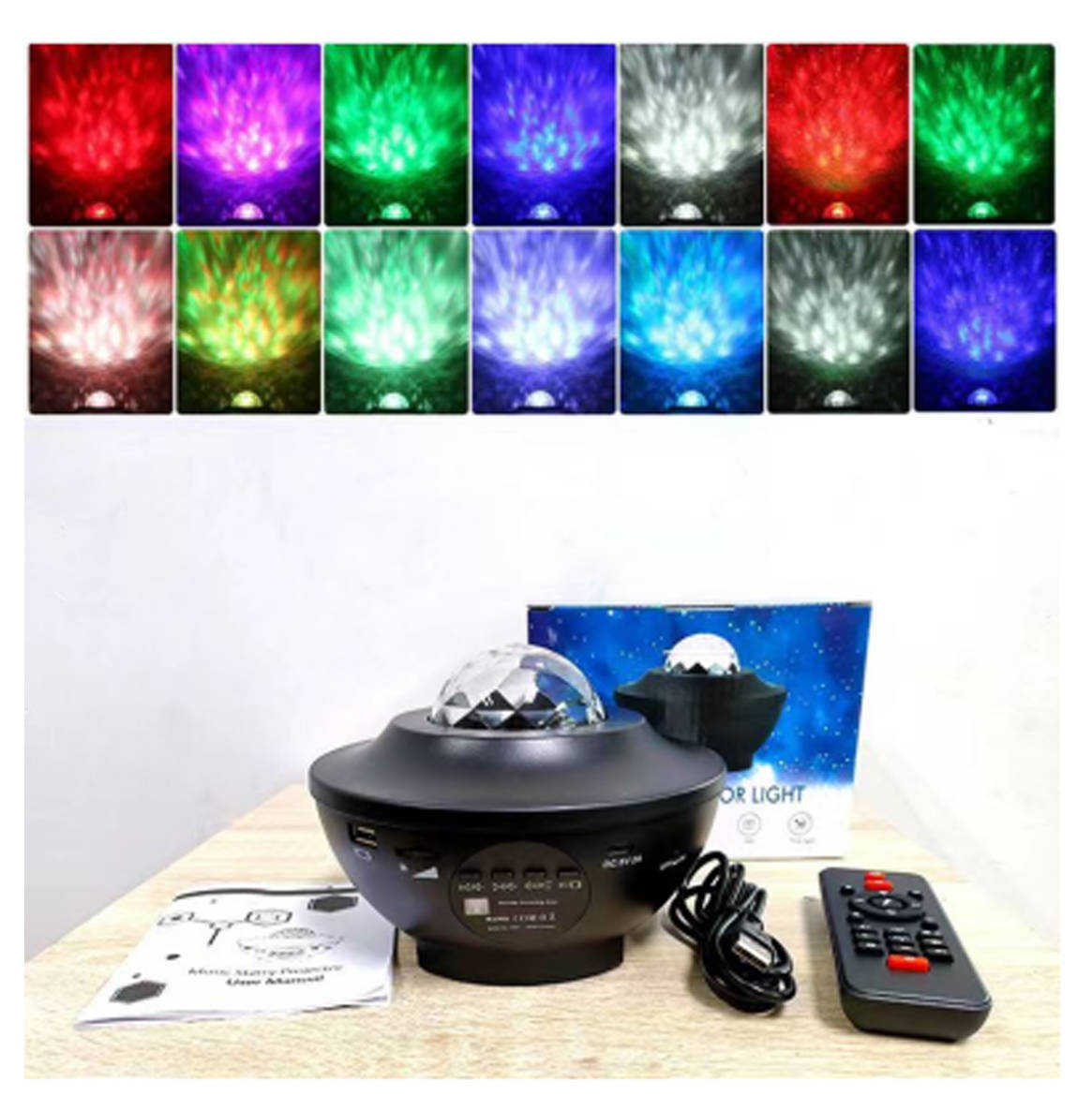Black and white flat starry sky light, night light, Bluetooth voice control, USB plug, laser light, dual speakers with remote control