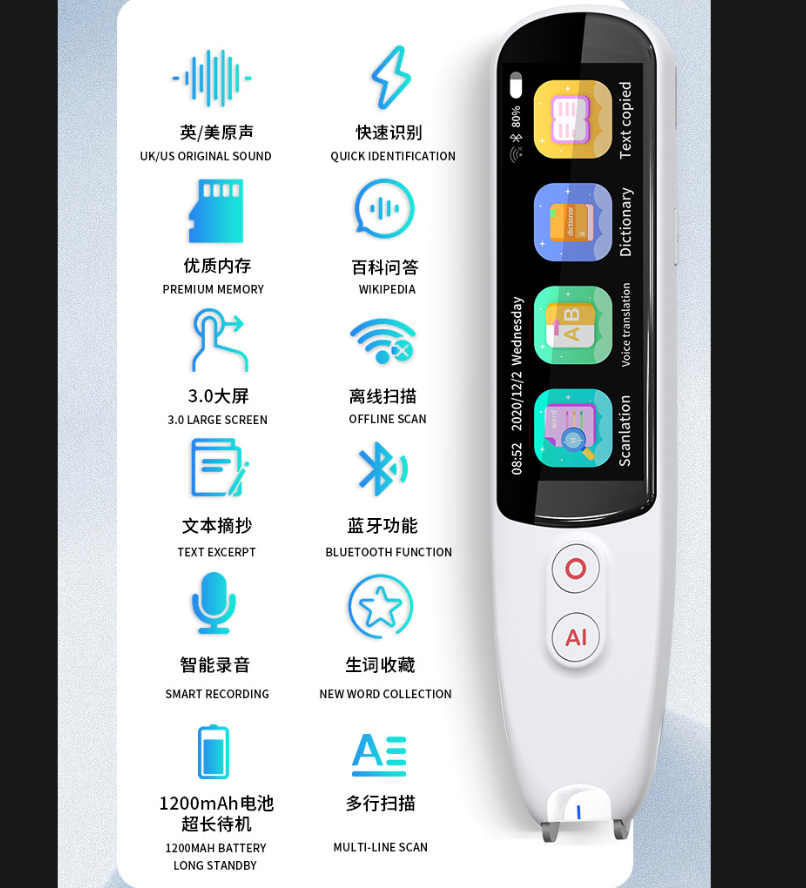 The S5 intelligent dictionary features a pen-scan translation pen that can scan, take photos, translate multiple languages, and provide offline translation services