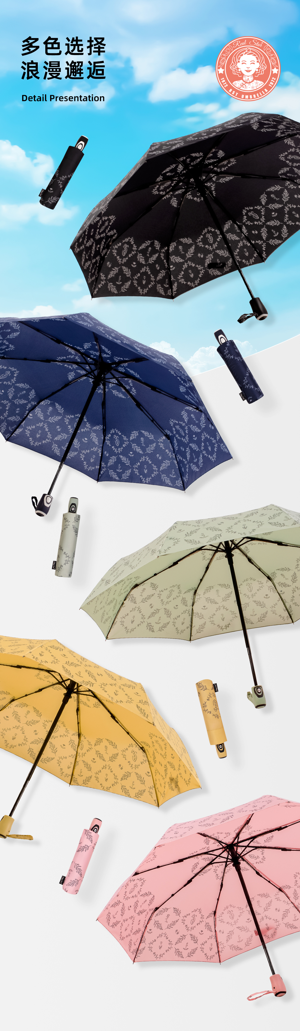 星宝伞3130三折全自动雨伞防风雨伞小花图案自开收雨伞超强抗风雨伞批发详情5