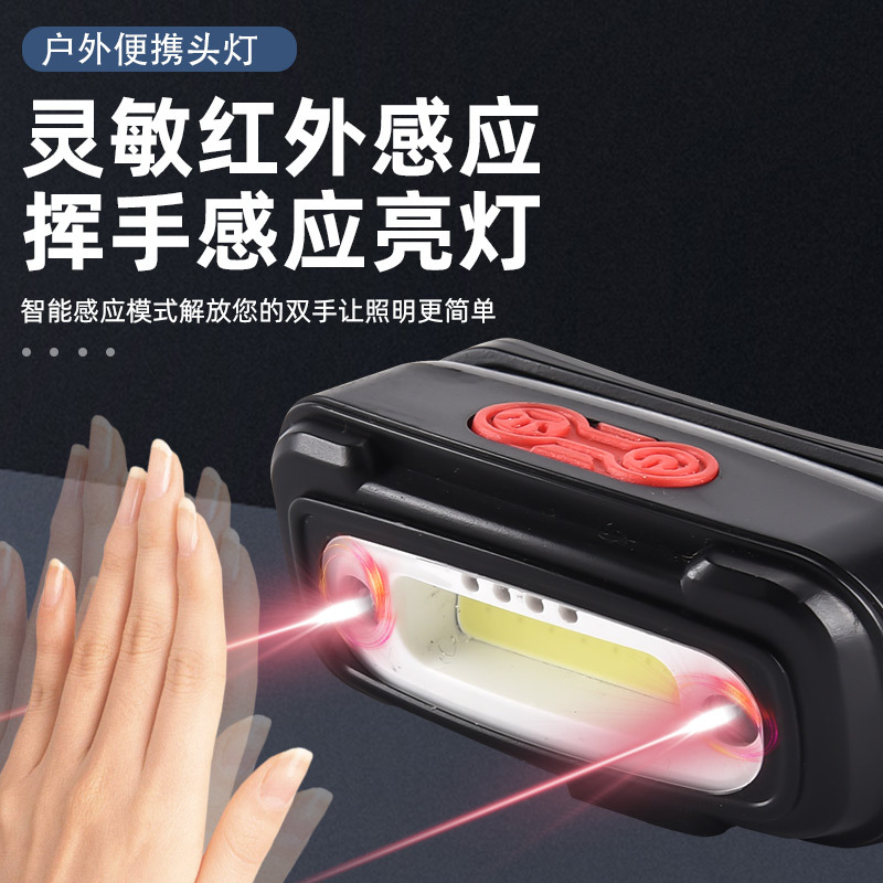 COB强光头灯双光源感应头灯户外夜钓头灯头戴式探照灯便携照明头灯应急工作灯矿灯强光跑步灯户外夜钓骑行头灯