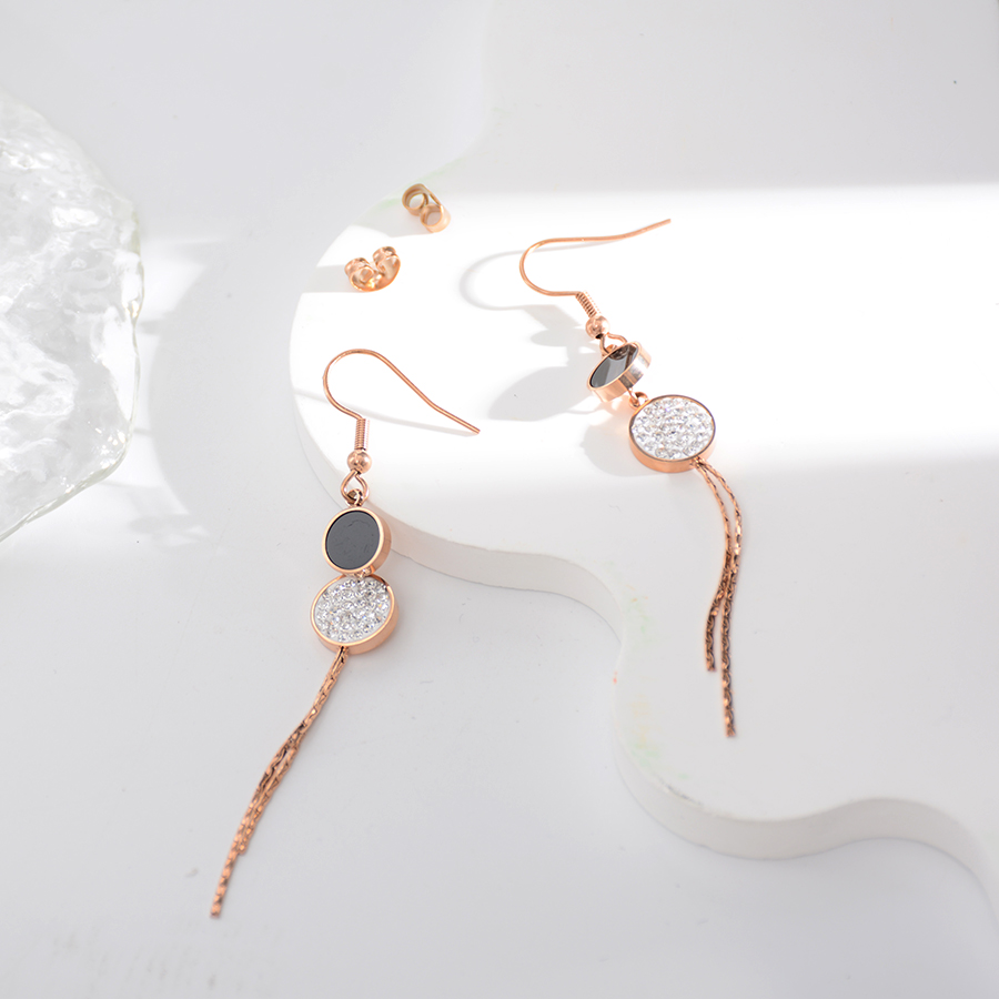 European, American and Korean trendy, personalized and fashionable black and white round mud diamond earrings, titanium steel diamond-encrusted earrings, rose gold jewelry for women details Picture