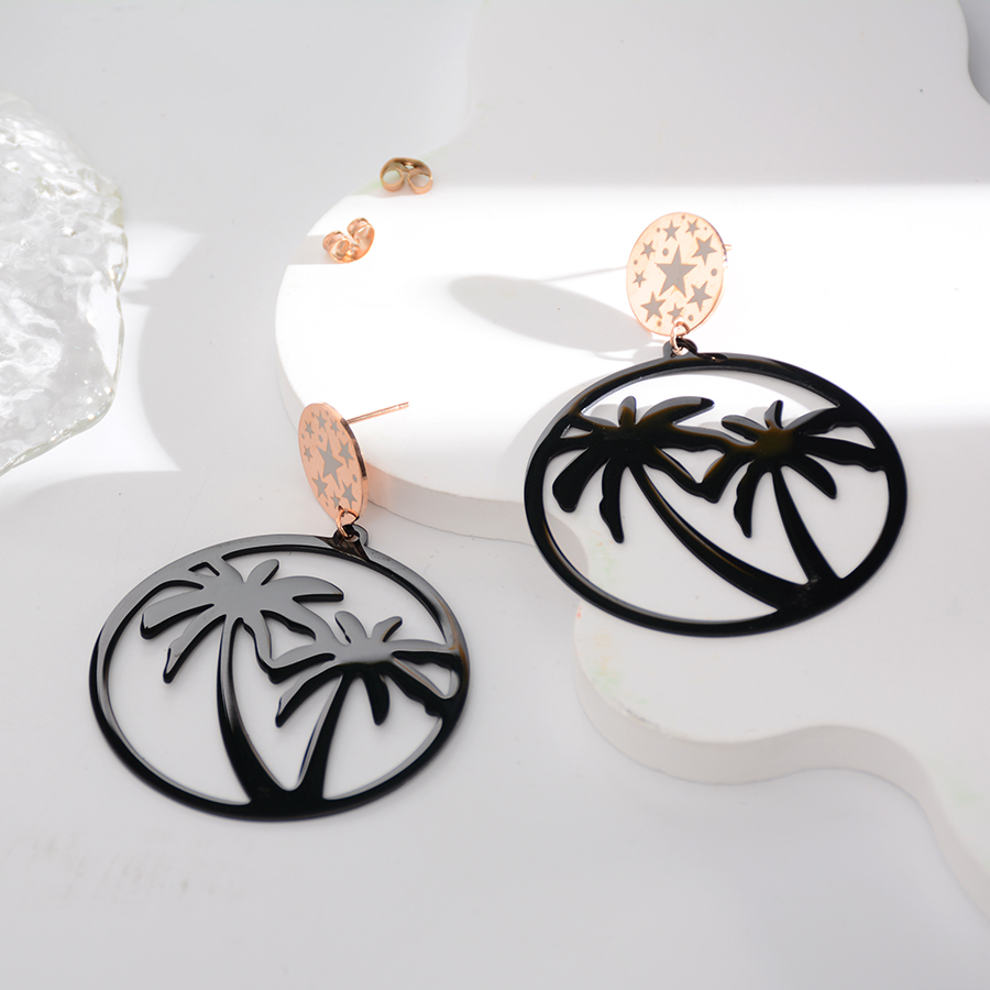 European, American and Korean fashion exaggerated big tree black piece earrings, large round titanium steel earrings, rose gold jewelry, women's trendy style details Picture