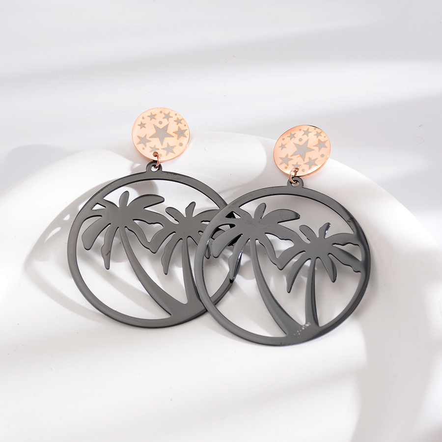 European, American and Korean fashion exaggerated big tree black piece earrings, large round titanium steel earrings, rose gold jewelry, women's trendy style