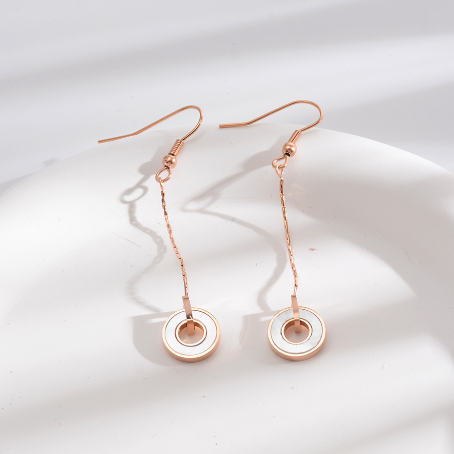European, American and Korean simple and fashionable shell round long earrings, titanium steel rose gold white shell earrings, women's accessories matching Specification image