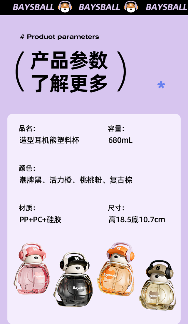 Summer Children's Plastic Cup Hong Kong Bay 18 Headphones Bear Shape Cup Straw Cup Can Crossbody Plastic Cup Water Cup Children Summer Cute undefined