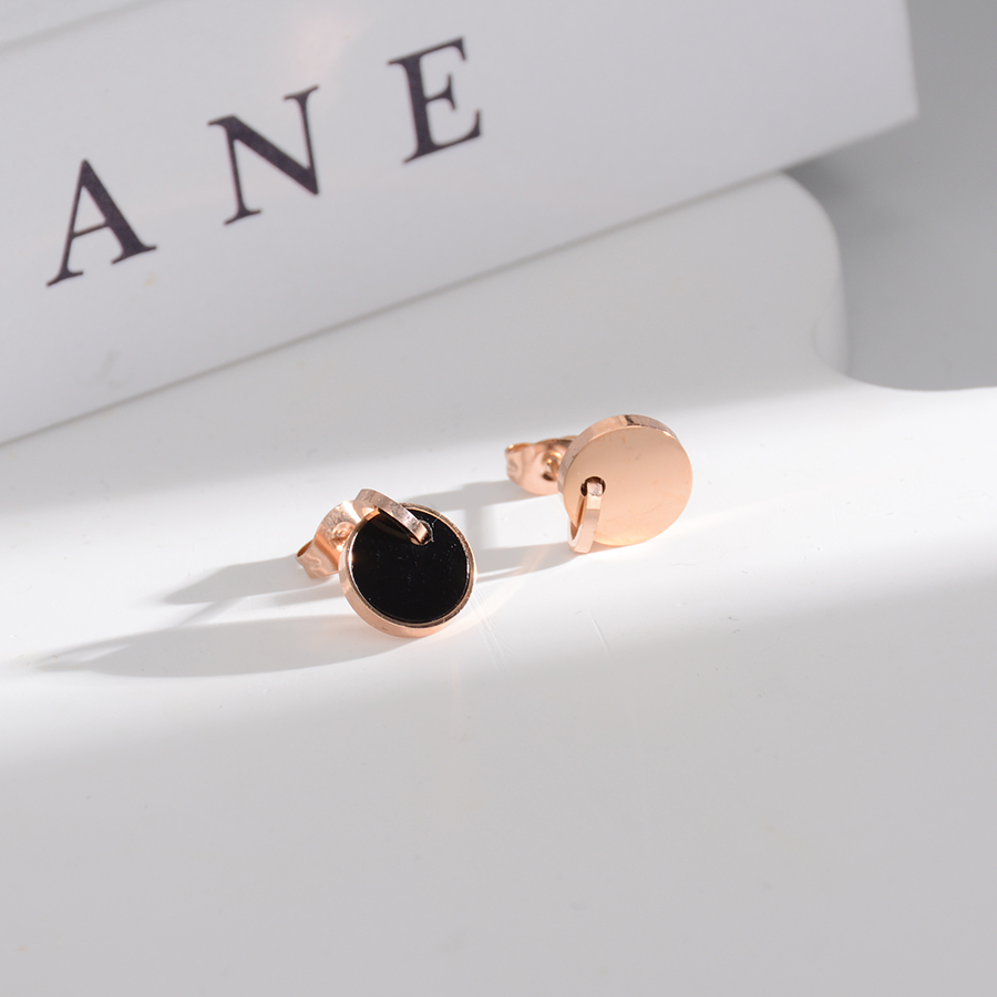 European, American and Korean fashionable, simple, smooth plate, round ear studs, titanium steel, rose gold, black round earrings, women's accessory gift Specification image