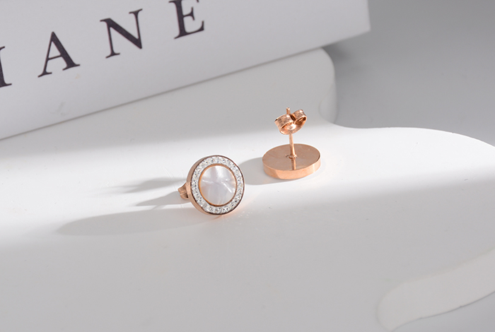 欧美时尚简约白色贝壳耳钉圆形玫瑰金耳饰女款饰品百搭详情2