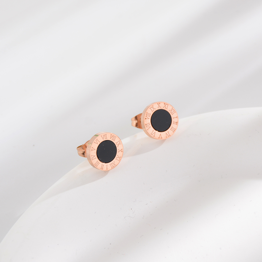 Korean-style simple and fashionable black Roman round ear studs titanium steel rose gold earrings, stylish and versatile for women Specification image