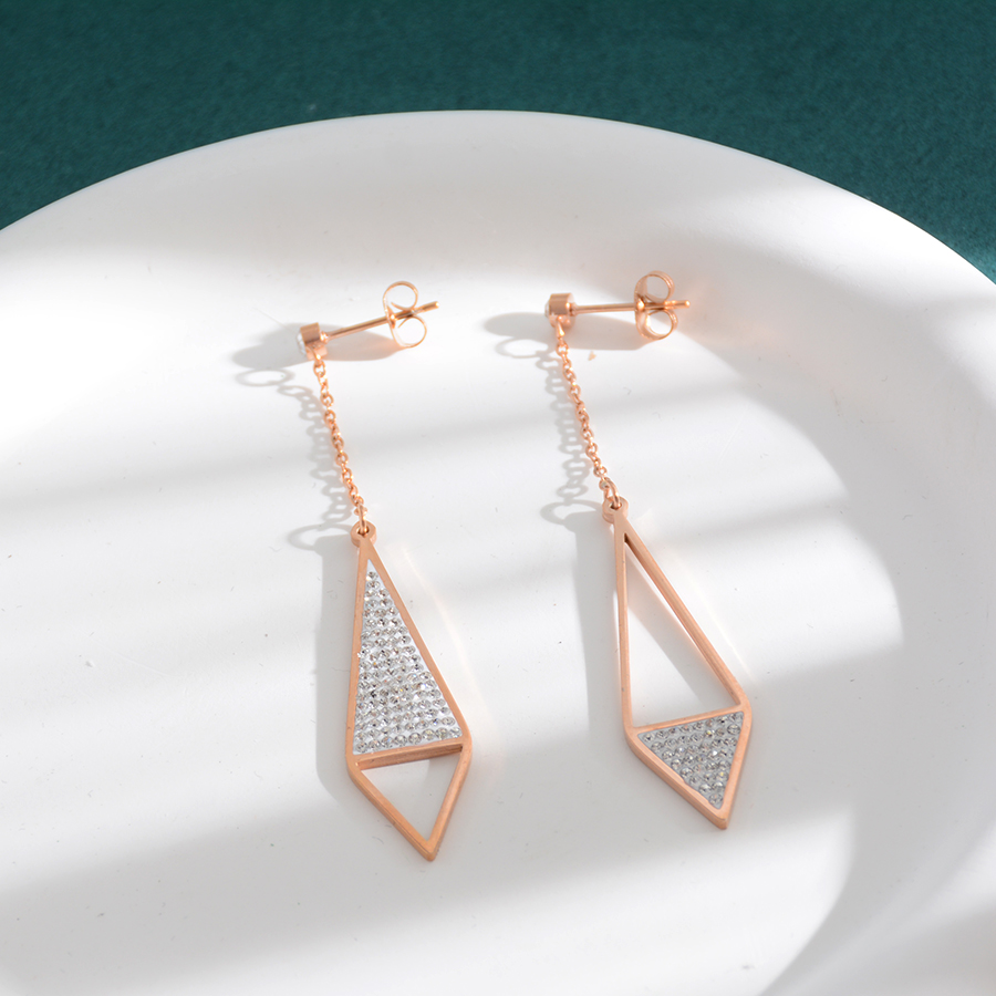 欧美韩网红爆款泥钻菱形耳环钛钢长款镶钻耳饰玫瑰金饰品女