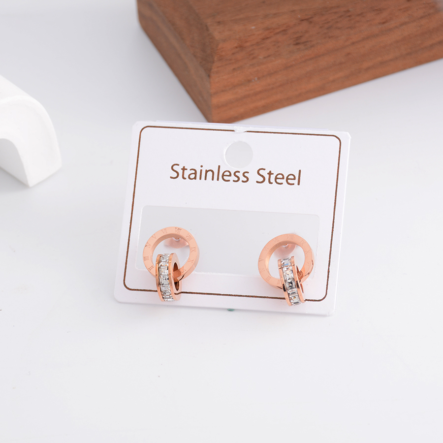 European and American style fashionable double-ring white diamond stud earrings, titanium steel rose gold diamond earrings, versatile women's accessory Item Picture