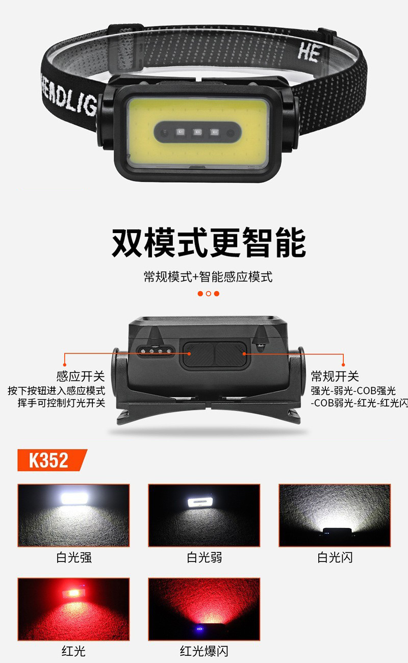 K352USB recargable smart winging sensor headlight COB bicicleta headlight luz de camping al aire libre lámpara de mina luz de cabeza de mantenimiento luz de camping luz de pesca pic 7