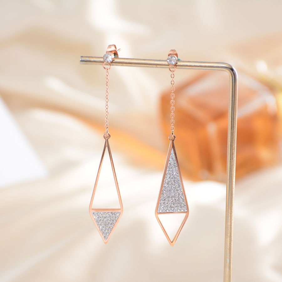 European, American and Korean Internet celebrity bestsellers: mud diamond rhombic earrings, titanium steel long diamond-encrusted earrings, rose gold jewelry for women Specification image
