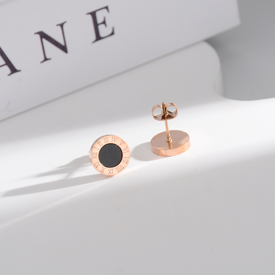 Korean-style simple and fashionable black Roman round ear studs titanium steel rose gold earrings, stylish and versatile for women details Picture