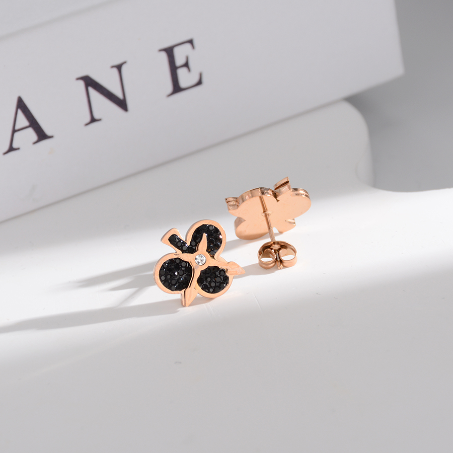 欧美新款时尚黑色梅花耳钉钛钢玫瑰金女款耳饰气质百搭饰品礼物