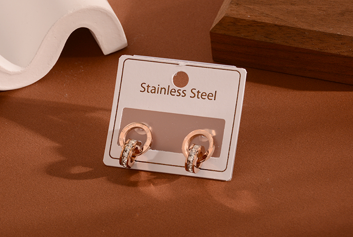 European and American style fashionable double-ring white diamond stud earrings, titanium steel rose gold diamond earrings, versatile women's accessory pic 7