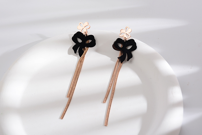 欧美韩时尚钛钢蝴蝶结流苏耳环玫瑰金黑色耳饰女款饰品详情4