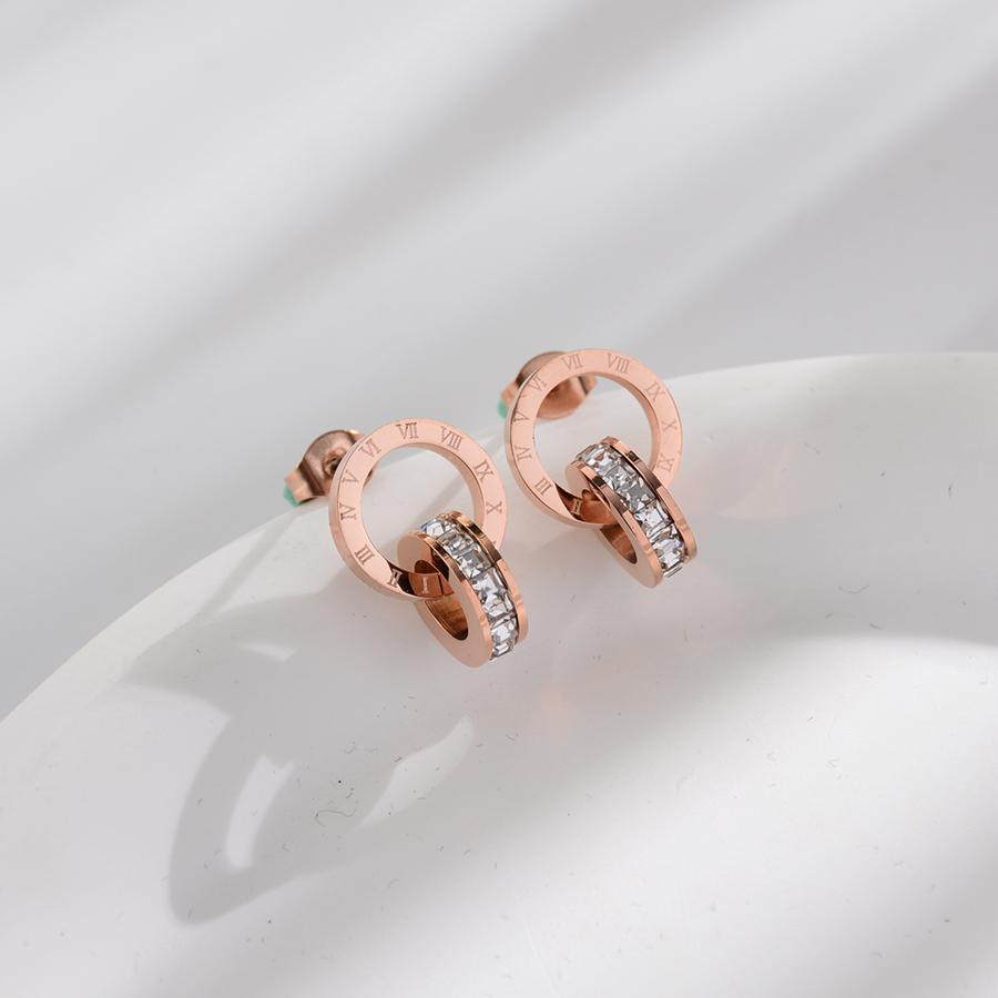 European and American style fashionable double-ring white diamond stud earrings, titanium steel rose gold diamond earrings, versatile women's accessory details Picture