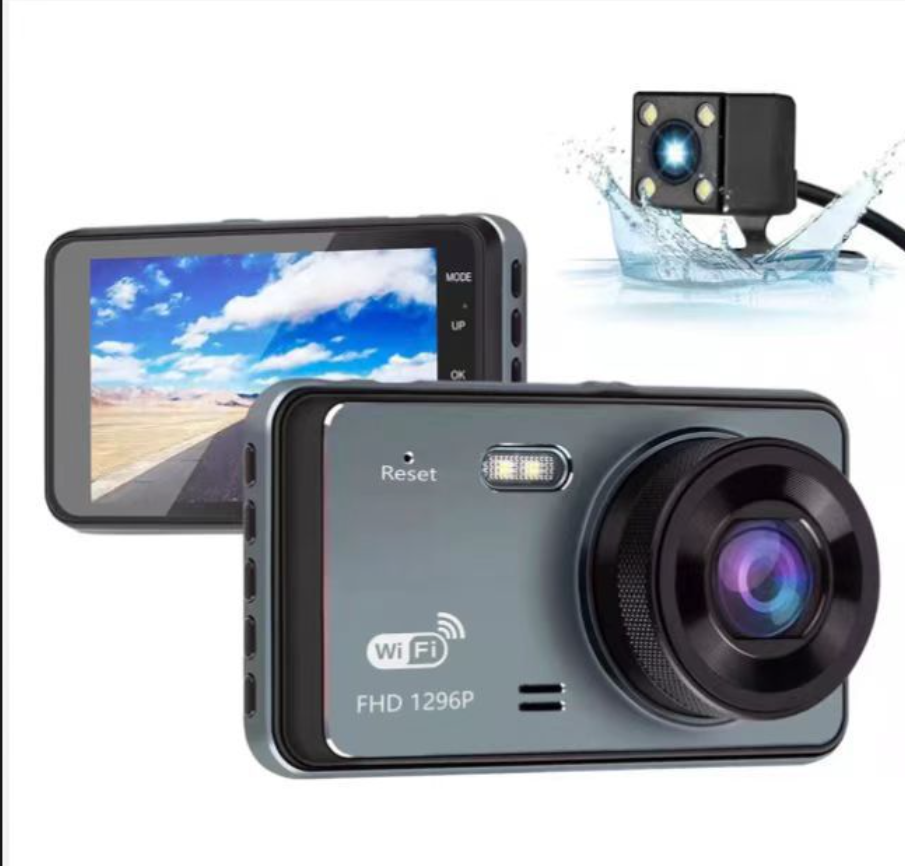 跨境新款4寸高清夜视行车记录仪双镜头前后双录WIFI手机互联1296P