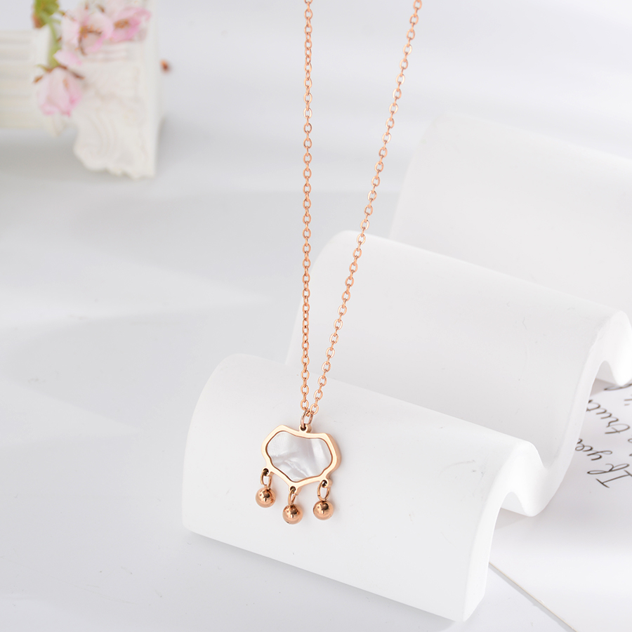 欧美韩时尚复古贝壳长命锁珠珠项链钛钢镀18k玫瑰金女款饰品锁骨链百搭