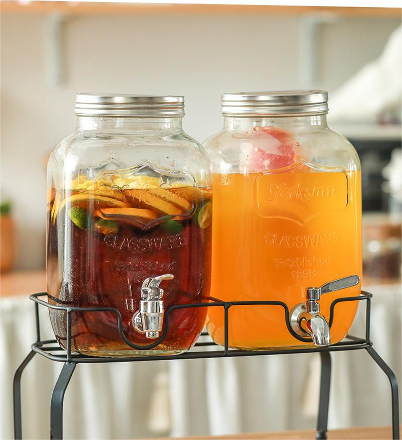 Cross-Border Glass Cold Drink Bucket With Faucet Household Beverage Bucket Commercial Restaurant Transparent Juice Jar Set Wholesale
