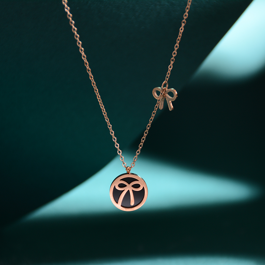 European and American fashionable black round bow necklace, titanium steel elegant collarbone chain, rose gold jewelry for women details Picture