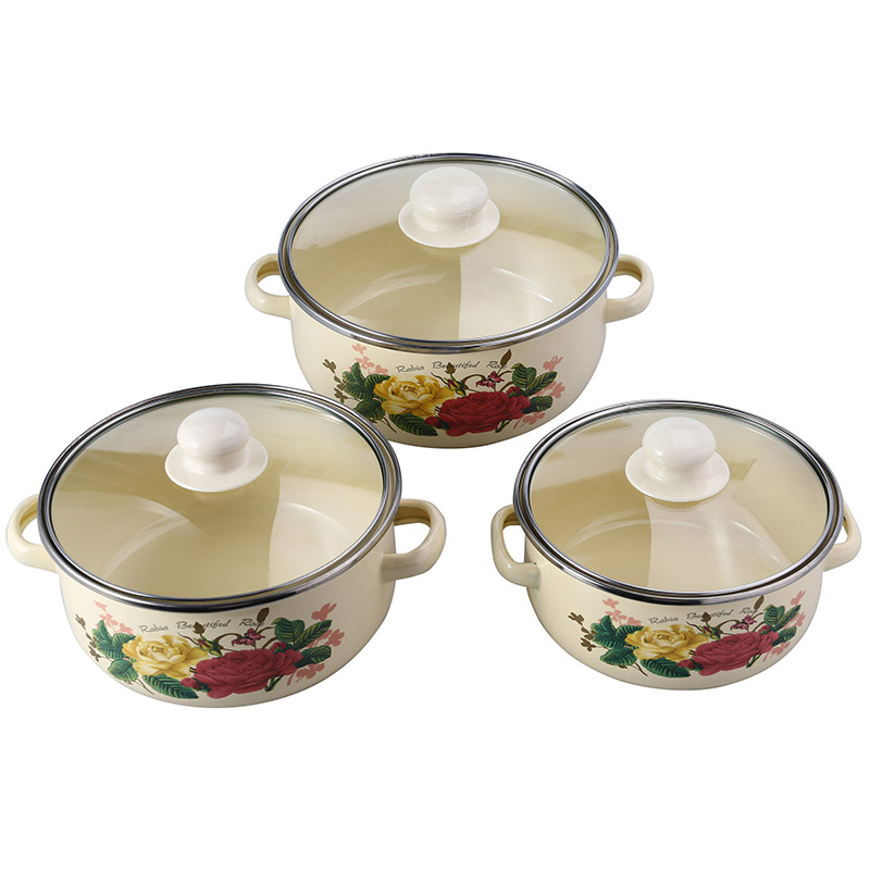 现货批发671DG水花搪瓷锅三件套 玻璃盖16+18+20cm汤锅 多功能锅具 厨房烹饪必备详情5