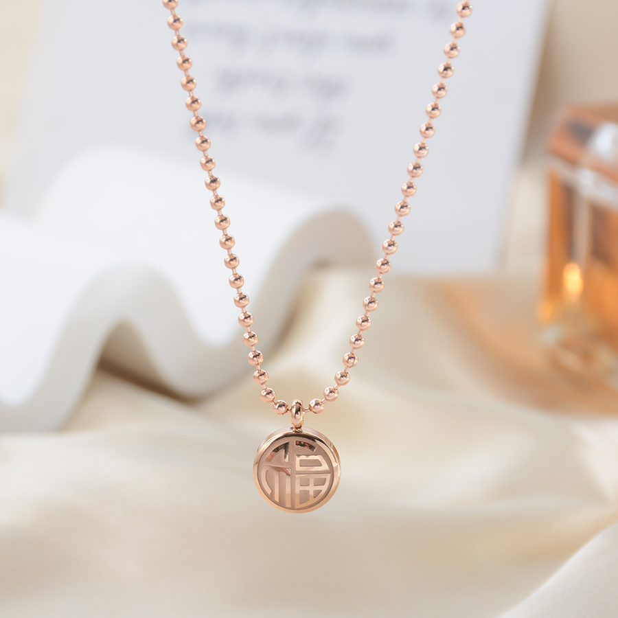 爆款国风复古双面项链钛钢囍福字锁骨链玫瑰金女款饰品礼物精品配饰