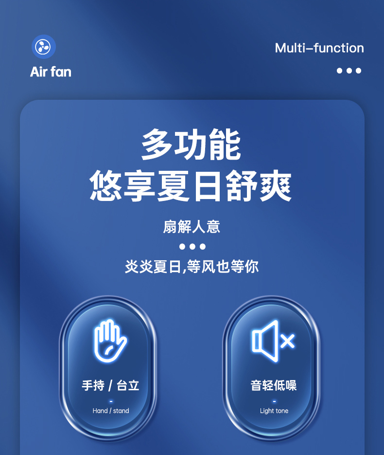 USB桌面风扇可立可夹可挂摆头送风3D空气循环风扇手持风扇三档风速详情2