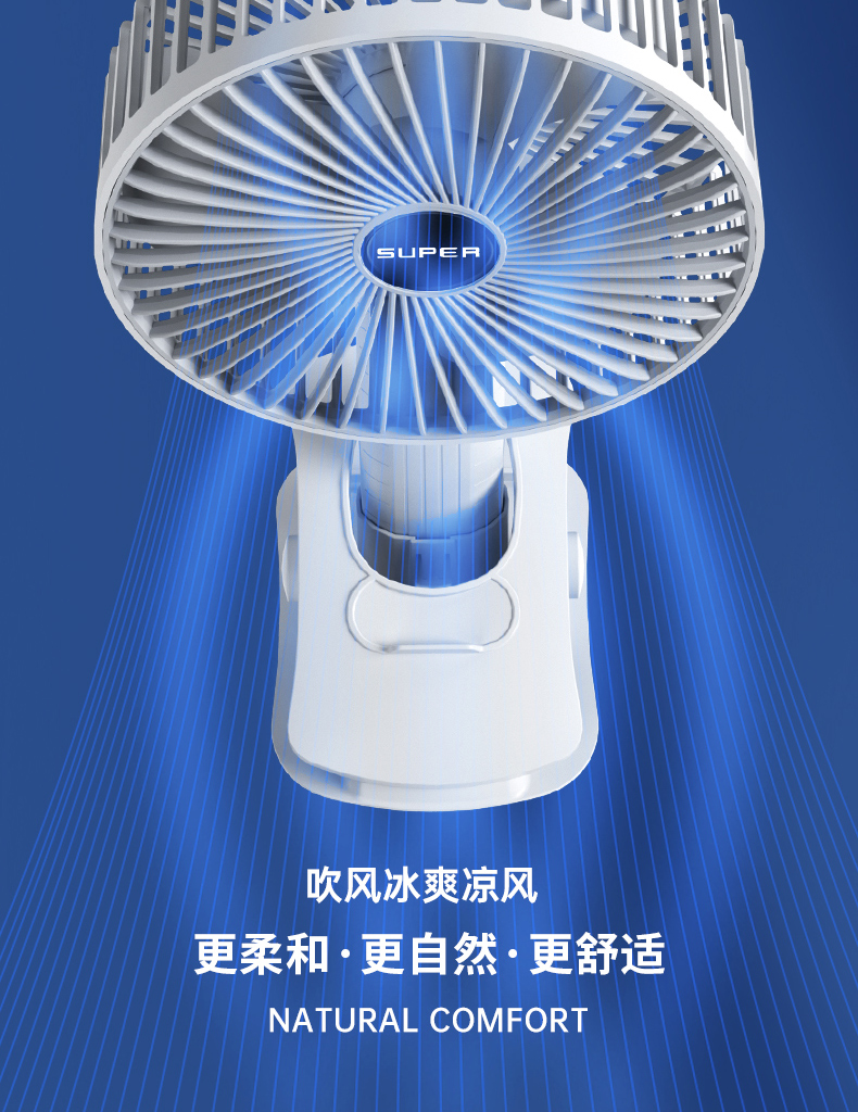 USB桌面风扇可立可夹可挂摆头送风3D空气循环风扇手持风扇三档风速详情7