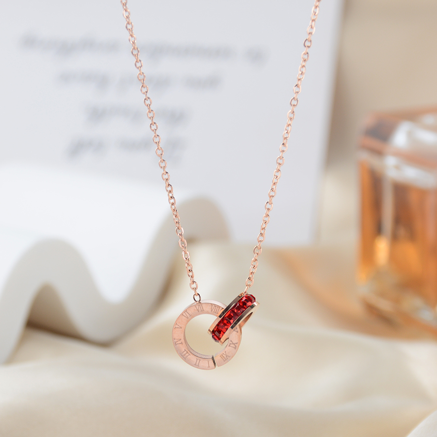 潮流个性时尚双环红钻钛钢玫瑰金饰品女款百搭锁骨链配饰精品