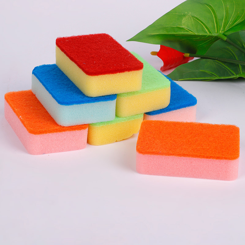 Three mixed color sets of sand-containing sponge scouring pads for cleaning and washing POTS and kitchen dishes Item Picture