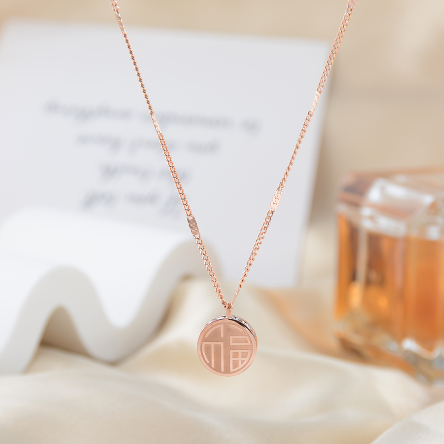 Chinese-style retro Fu Xi necklace, titanium steel rose gold double-sided collarbone chain accessory, versatile for women details Picture