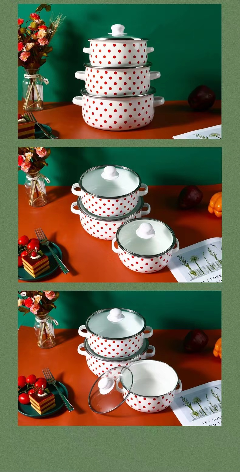 现货批发671EDG水花搪瓷锅三件套 带孔玻璃盖16+18+20cm汤锅 多功能锅具 厨房烹饪必备详情9